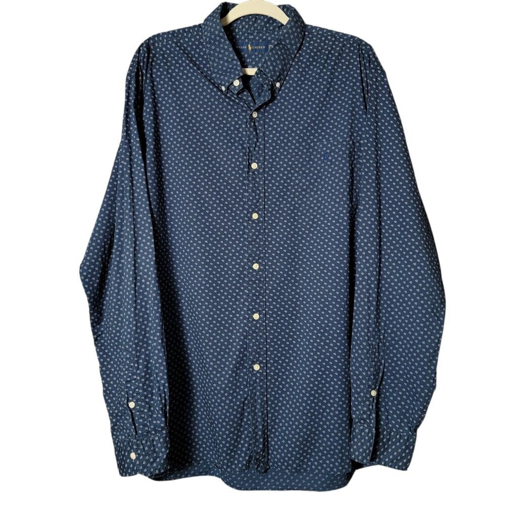 Ralph Lauren Mens Blue Floral Preppy Long Sleeve Button Down Dress Shirt XXL